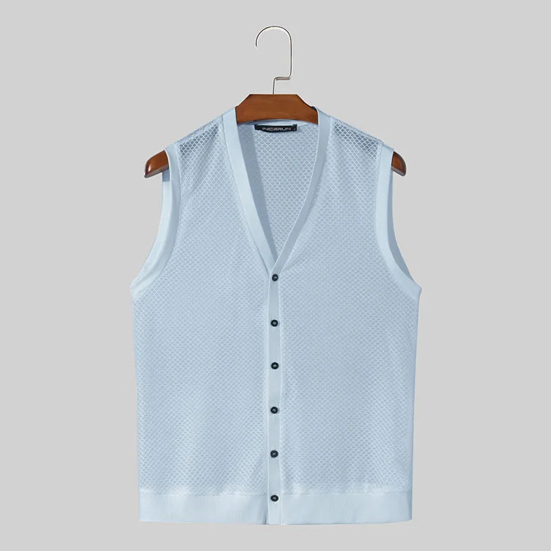 INCERUN 2024 Men Tank Tops Mesh Hollow Out Solid V Neck Sleeveless Summer Male Vests Transparent Streetwear Fashion Men Clothing  Amaijoin