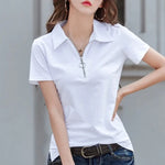 Load image into Gallery viewer, New 2024 Summer Women T Shirt Cotton Elegant Style Zipper Neck Fashion Office Lady Top Short Sleeve Polo For Women  Amaijoin
