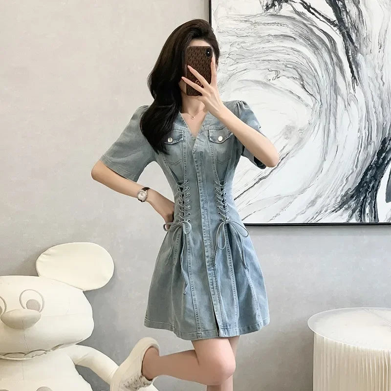 French Style Waist-fitted Mini Dress Denim Skirt Casual A- line Dress For Women High-waisted Summer New Arrival  Amaijoin