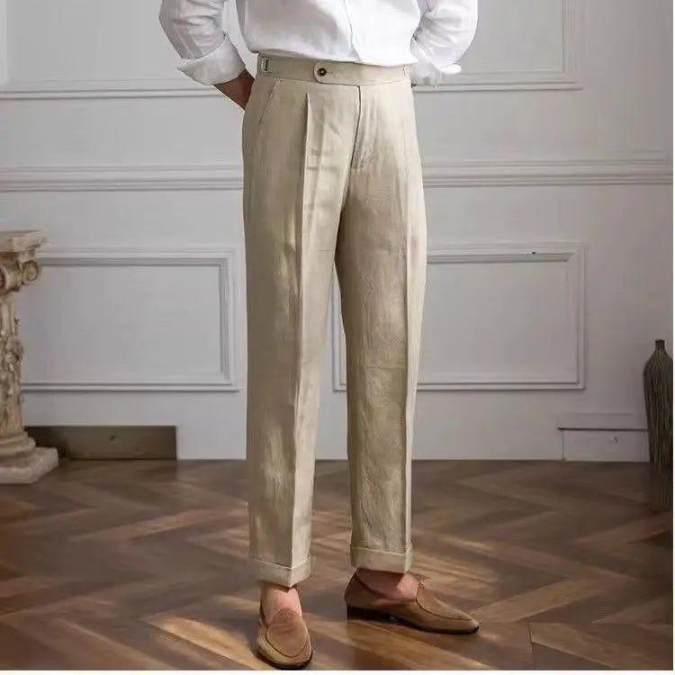 100% Linen Italian Naples Pants Men High Waist Straight  Suit Trousers Spring Summer Fashion Lightweight Breathable Casual Pants  Amaijoin