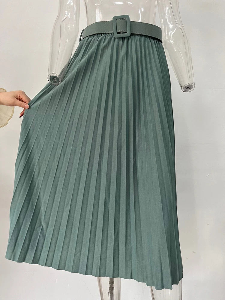 XFPV 2023 New Autumn Summer Fashion Solid Color High Waist Pleated A Line medium and long Skirt Women SM1983  Amaijoin