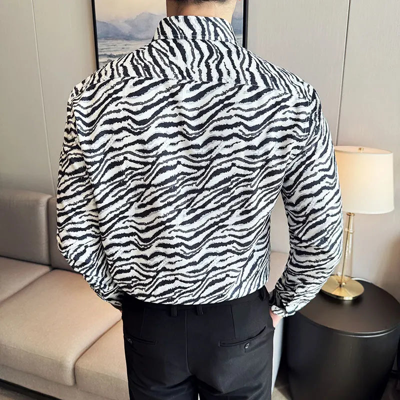 Zebra Striped Shirt for Men Long Sleeve Casual Shirts Men's Slim Fit Business Dress Shirts Wedding Party Club Party Tuxedo M-4XL  Amaijoin