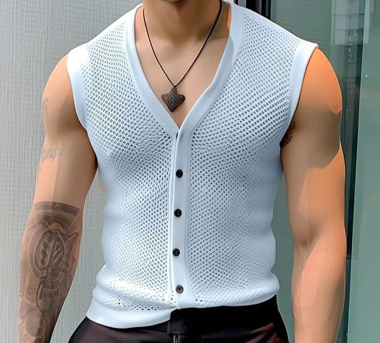 INCERUN 2024 Men Tank Tops Mesh Hollow Out Solid V Neck Sleeveless Summer Male Vests Transparent Streetwear Fashion Men Clothing  Amaijoin