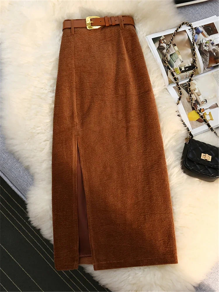 Autumn Winter Corduroy Women's Skirts with Belted 2023 New High Waist Straight Classic Front Split Skirts Ladies Female  Amaijoin