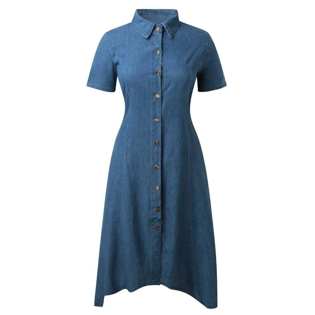 Women Casual Denim Dress Short Sleeve V Neck Pocket Dress Solid Buttons Slim Large Swing Loose Dress Elegant Summer Maxi Dresses  Amaijoin