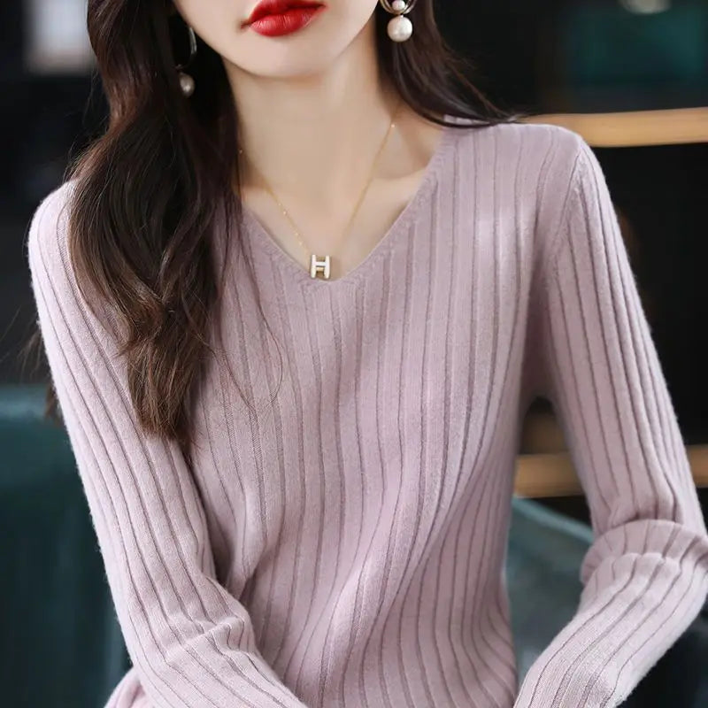 Women Sweater Long Sleeve Top Knitted Pullover V-Neck Fashion Sweater Woman Winter 2022 Basic Female Clothing Soild OL Sweaters  Amaijoin