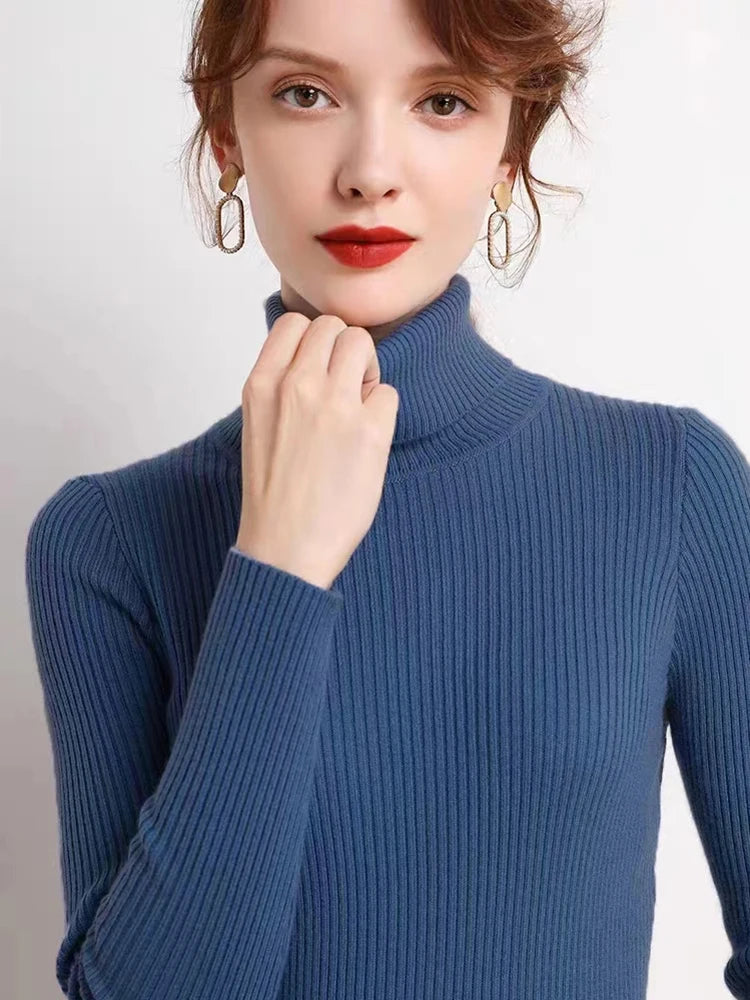 New Turtleneck Jumper Woman Knitted Blouses Fashion Ladies Sweaters Winter Thermal Striped Long Sleeve Autumn Warm Tops Bacis  Amaijoin