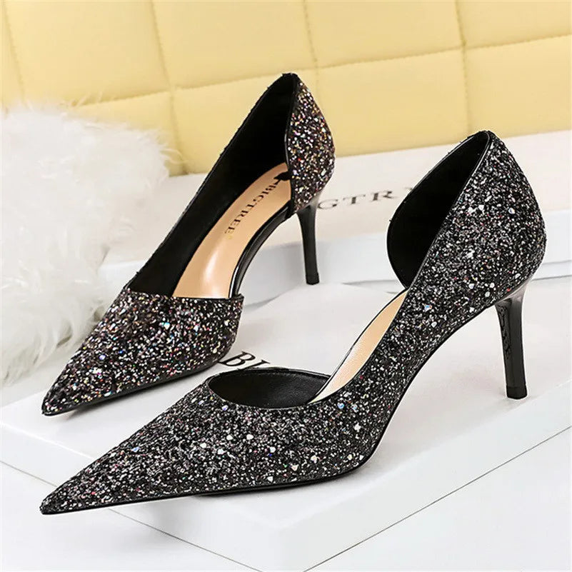 Women 7cm 10.5cm High Heels Elegant Blue Pumps Sexy Sequins Bling Mid Heels Lady Scarpins Luxury Stiletto Sparkly Party Shoes  Amaijoin