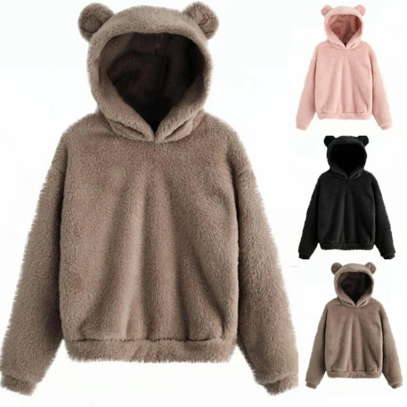 Autumn Winter Women's Hoodies Winter Women Long Sleeve Rabbit Ear Hood Sweatshirt Cute Plush Warm Casual Hoodie Tops  Amaijoin