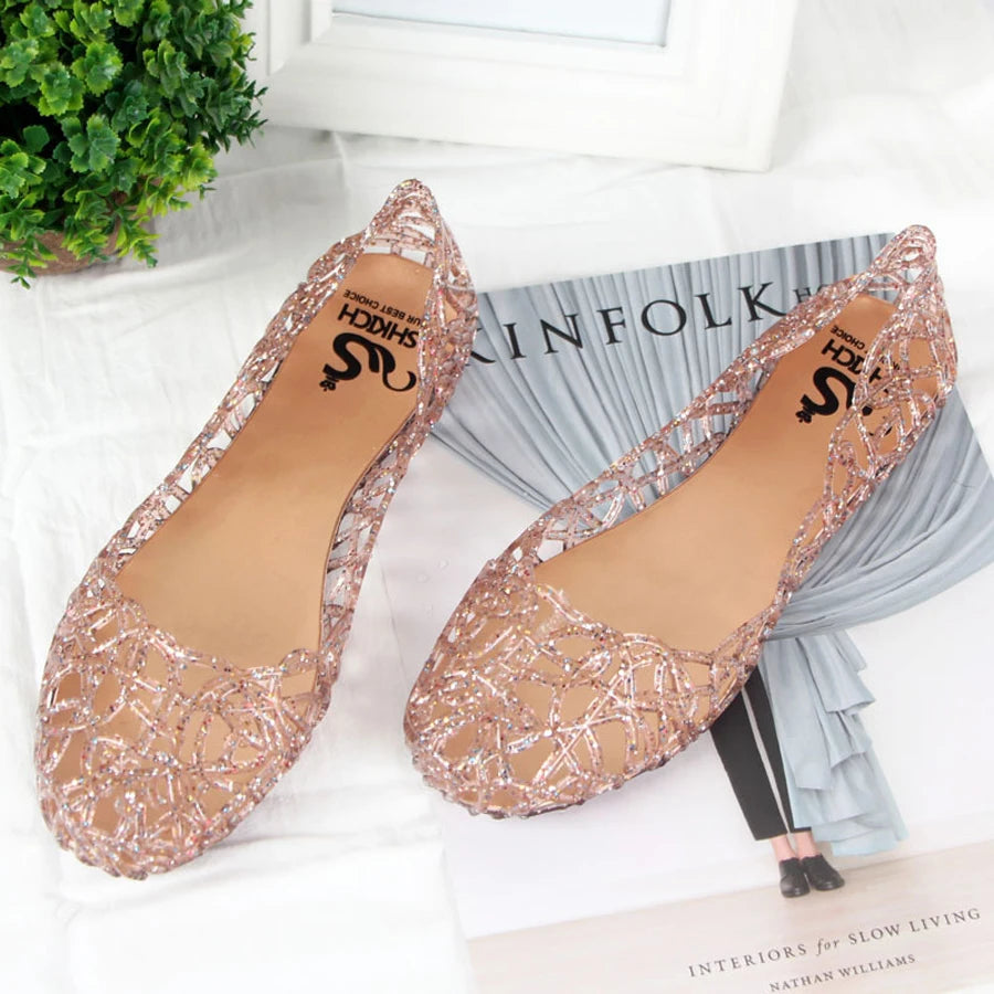 Summer women sandals flat-soled crystal clogs hollow flat-soled slip-ons shallow mouth Roman jelly shoes beach sandals  Amaijoin