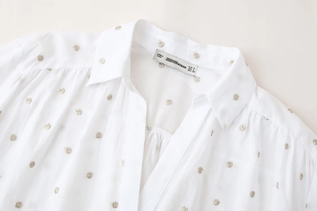 TRAF White Oversize Shirt Women Dot Button up Shirts for Women Long Sleeve Ruched Blouse Female Summer Collar Shirts and Blouses  Amaijoin