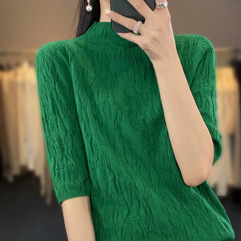 Spring and Summer2023 New Women's Half-high collar Short-Sleeved Exquisite Cashmere Sweater Pullover  Amaijoin