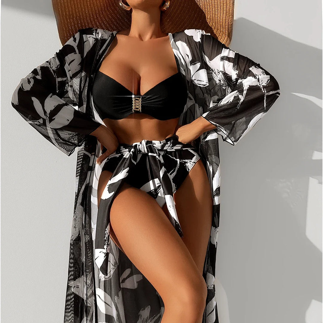 2024 Print Three Pieces Bikini Women Beach Skirt Tunics For Beach Cover Up Swimsuit Push Up Swimwear Ruffle Biquini Bathing Suit  Amaijoin