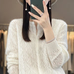 Load image into Gallery viewer, Round Neck 100% Merino Wool Cardigan Spring Autumn New Hollow Out Fashion Long Sleeved Solid Color Knitted Cardigan Sweater Top  Amaijoin
