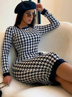 Load image into Gallery viewer, Houndstooth Print Women Long Sleeve Midi Dress Hollow Out Bodycon Sexy Streetwear 2022 Autumn Winter Club Elegant Slim  Amaijoin
