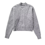 Load image into Gallery viewer, Willshela Women Fashion With Faux Pearl Grey Front Zipper Bomber Jackets Vintage O-Neck Long Sleeves Female Chic Lady Outfits  Amaijoin
