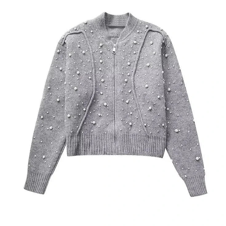 Willshela Women Fashion With Faux Pearl Grey Front Zipper Bomber Jackets Vintage O-Neck Long Sleeves Female Chic Lady Outfits  Amaijoin