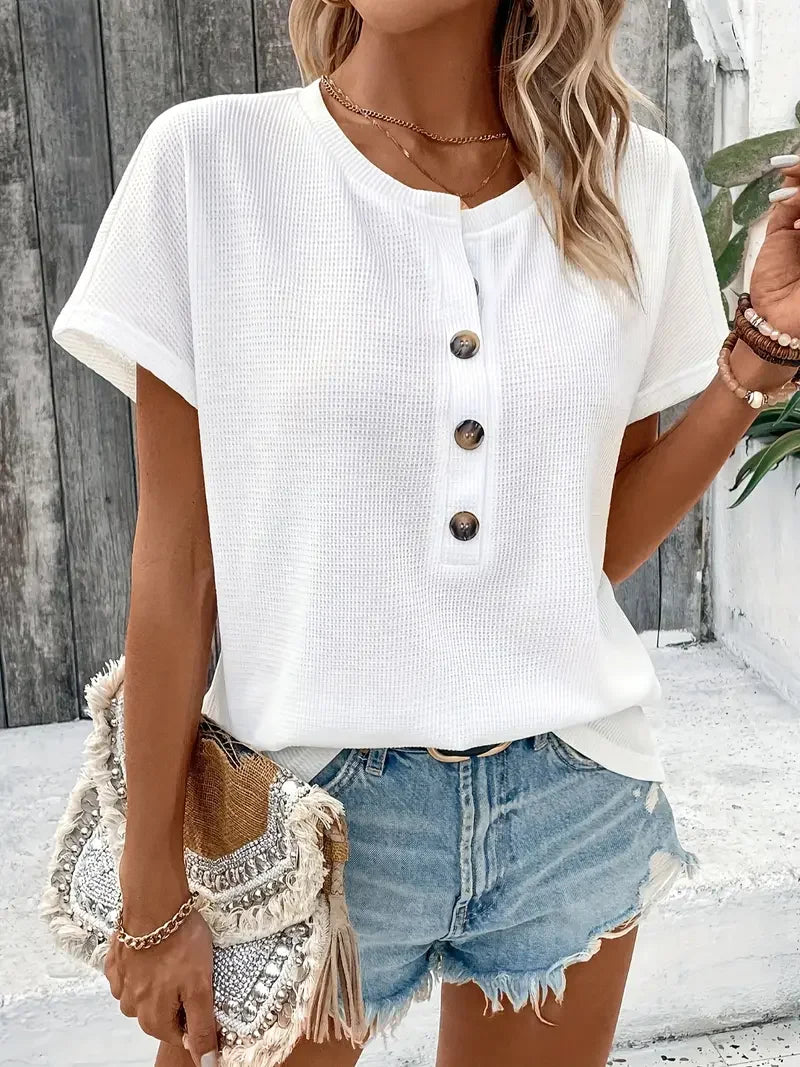 Europe and America large solid color short sleeve T-shirt women summer new loose V-neck casual all-matching three-point sleeve b  Amaijoin