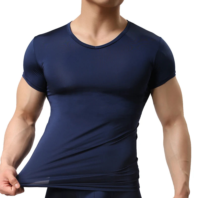 Men's Sheer Undershirts Man Ice Silk Mesh See through Basics Shirts Sexy Fitness Bodybuilding Underwear  Amaijoin