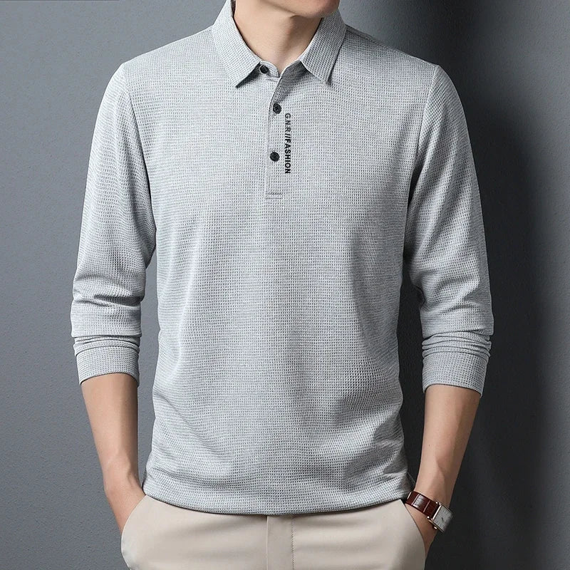 Men's Waffle Long Sleeved POLO Shirt with Letter Printed Lapel Casual Top  Amaijoin