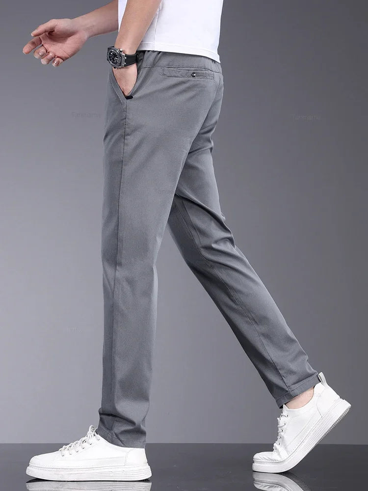 Bamboo Fiber Fabric Summer Men's Casual Pants Fashion Thin Soft Breathable Elastic Business Slim Straight Trousers Black Gray  Amaijoin