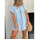 Load image into Gallery viewer, Fashion Waist Solid Party Dress Summer Sexy Off Shoulder Tassel Denim Dress Lady Slash-neck Short Sleeve Flim Jean Mini Dress  Amaijoin
