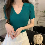 Load image into Gallery viewer, Ice Silk Ribbed POLO Short Sleeve T-Shirt Chic Red Slim Urbane Casual Design Aesthetic Beautiful Woman Blouse Summer Clothing  Amaijoin
