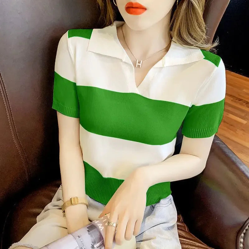 Clothing T-shirt Woman Tops Red Knit Polo Neck Shirts for Women Green Striped Short Sleeve Tee V Cute Youth High Quality Cotton  Amaijoin