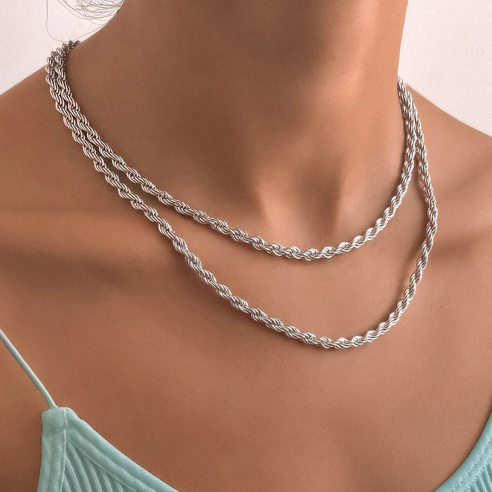 eManco 2/3/4/5MM Rope Chain Necklace Silver Color Chains Stainless Steel Never Fade Waterproof Choker Men Women Jewelry  Amaijoin