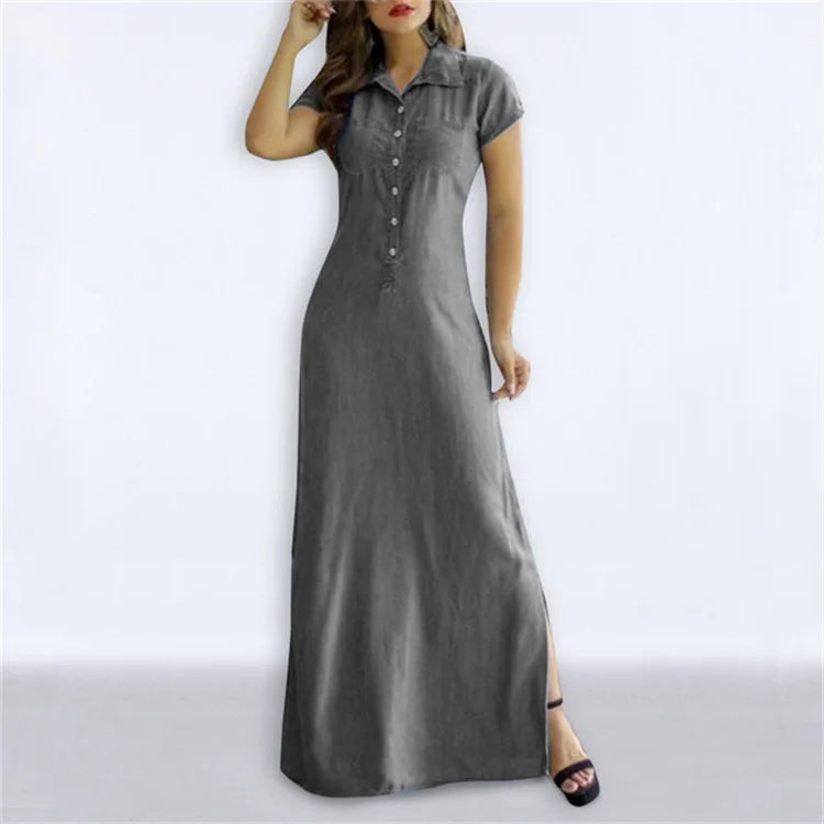 Europe And America Cross Border New Long Dress Shirt Collar Split Pocket Large Swing Dress Large Casual Denim Dress  Amaijoin