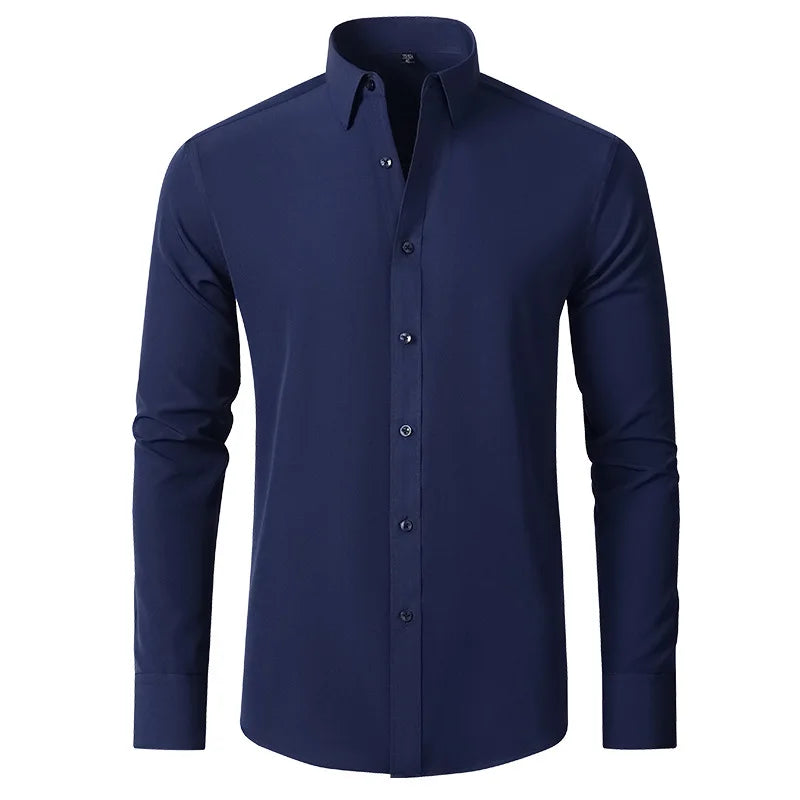 6xl New Spring and summer  elastic force non-iron men's long-sleeved business casual shirt solid color mercerized vertical shirt  Amaijoin