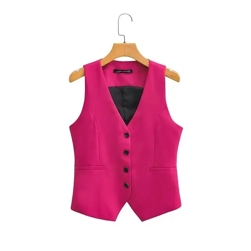 Women Fashion V Neck Sleeveless Pockets Short Vest Jacket Office Lady Single Breasted Casual Slim WaistCoat Tops CT2208  Amaijoin