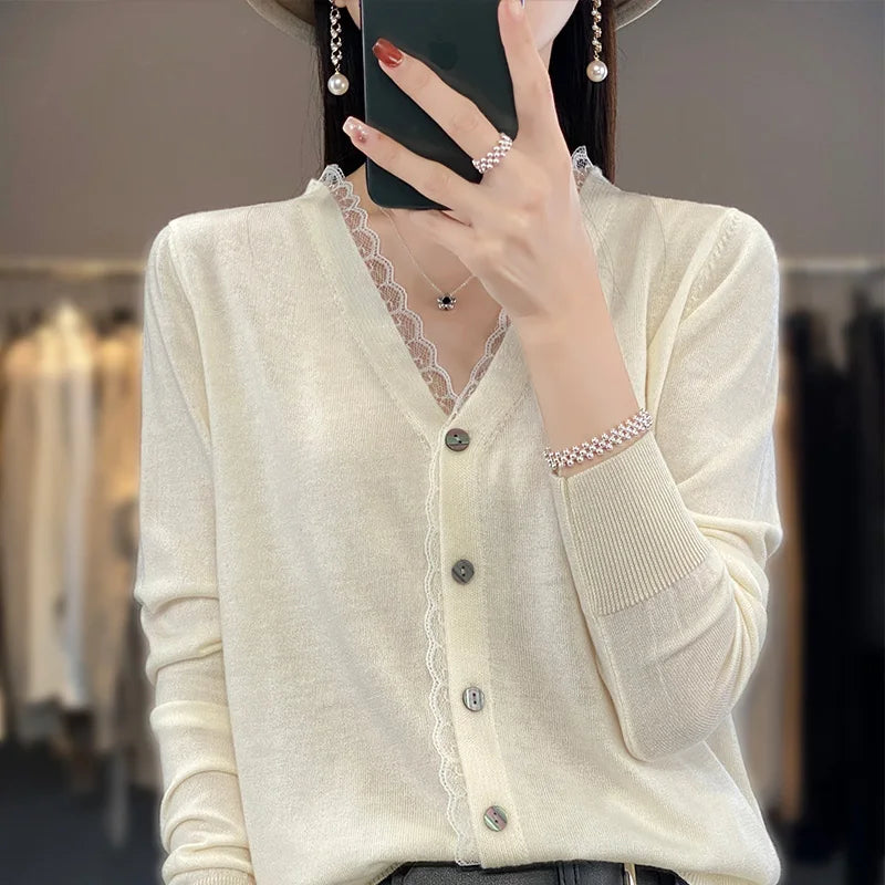 2023 Spring and Summer Cashmere Cardigans Women  V-neck Knitted Sweater Fashion Knitwear Solid Cashmere Cardigans Women's  Amaijoin