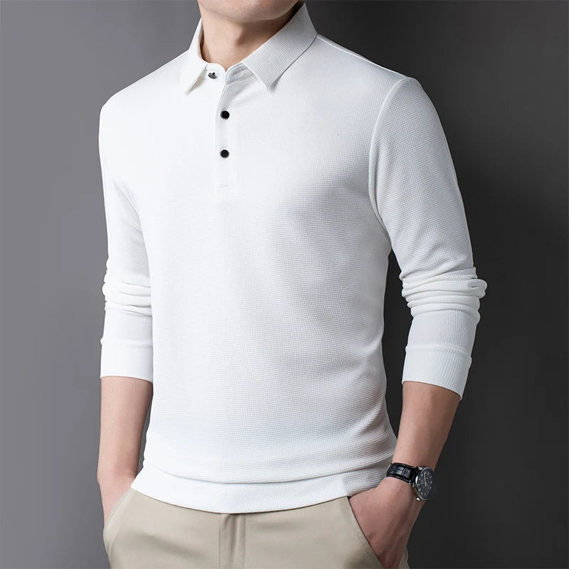 Men's Casual Waffle Polo T-shirt Breathable Comfortable Fashion Long Sleeve T-shirt  Amaijoin