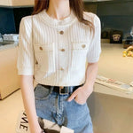 Carregue a imagem no visualizador da Galeria, 2023 Summer New French GentleIce Silk Round Neck Short Sleeve T-shirt Women&#39;s Solid Button Small Fragrant Wind Knitted Slim Top  Amaijoin
