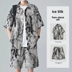 Load image into Gallery viewer, Unique Niche Design Sensibility Casual Tie Ice Silk Sports 2-piece Set Men&#39;s Short Sleeve Shirt Youthful Style  Amaijoin
