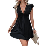 Load image into Gallery viewer, 2024 Summer Elegant Women Dress V Neck Hollow Out Lace Dresses Ruffled Sleeveless Black A-line Mid Length Sexy Black Dress  Amaijoin
