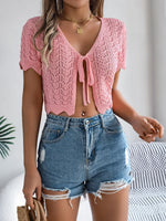 Load image into Gallery viewer, Spring Summer Solid Hollow Short Sleeve Lace up Knitwear Women Vacation Cardigan  Amaijoin
