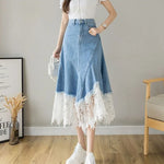 Load image into Gallery viewer, Harajuku Lace Patchwork Denim Skirt Woman Korean High Waist Blue Midi Skirts Women Summer Fashion Plus Sized 3Xl A-Line Skirt  Amaijoin
