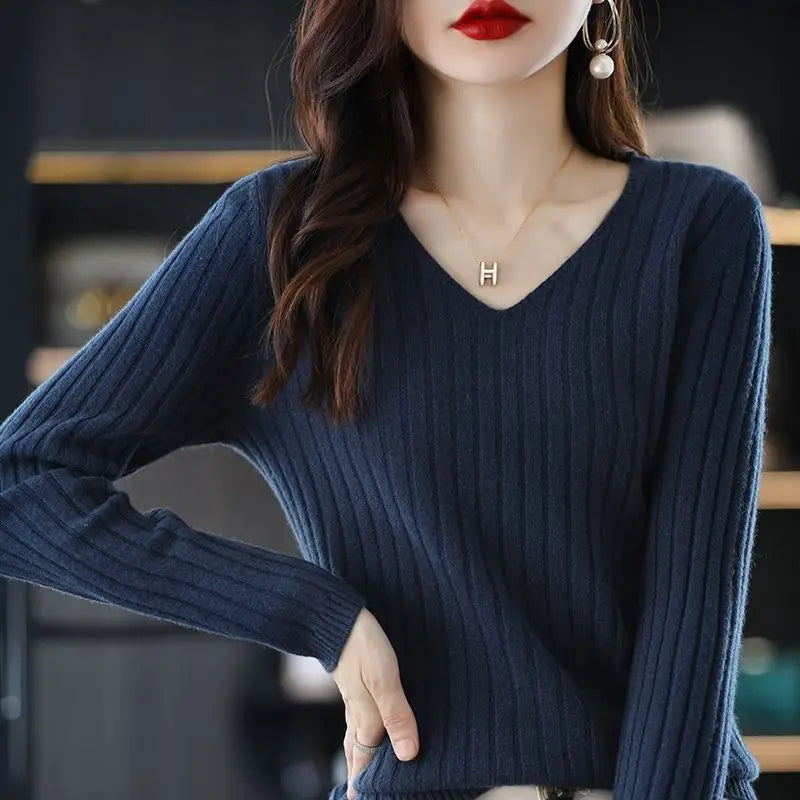 Women Sweater Long Sleeve Top Knitted Pullover V-Neck Fashion Sweater Woman Winter 2022 Basic Female Clothing Soild OL Sweaters  Amaijoin