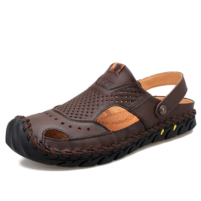 2023 Men's Summer New Sandals and Slippers Men's Genuine Leather Sandals Adult Thick-soled Beach Shoes Non-slip Leather Sandals  Amaijoin