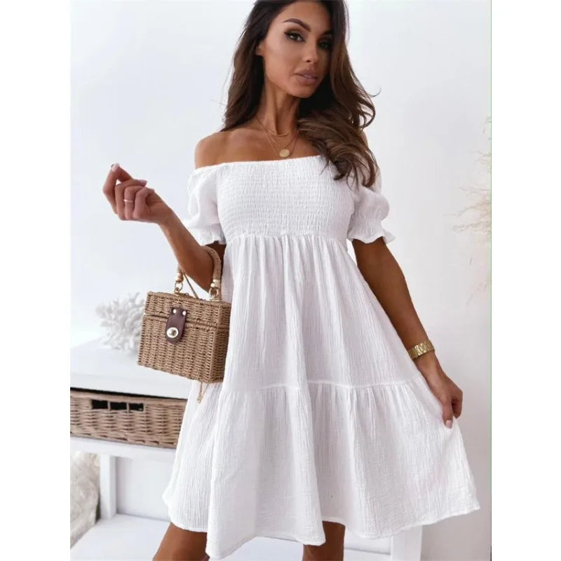 Women's Summer Short Sleeved One Line Neck Commuter Waist Fold Lantern Sleeves Gentle A-line Solid Color Dress  Amaijoin