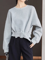 Load image into Gallery viewer, Stylish Grey Sweatshirts Autumn Winter Women Plain Long Sleeve Belt Waist Loose Casual Oversize Pullovers Korean Short Jumper  Amaijoin
