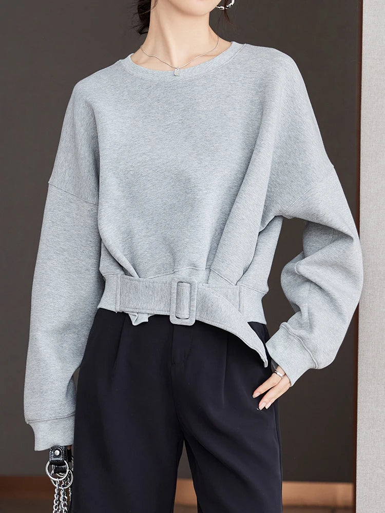 Stylish Grey Sweatshirts Autumn Winter Women Plain Long Sleeve Belt Waist Loose Casual Oversize Pullovers Korean Short Jumper  Amaijoin