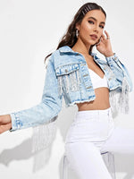 Load image into Gallery viewer, Women&#39;s Fringe Jacket Tassel Cropped Denim Jacket Raw Hem Ripped Crop Jean Jackets  Amaijoin
