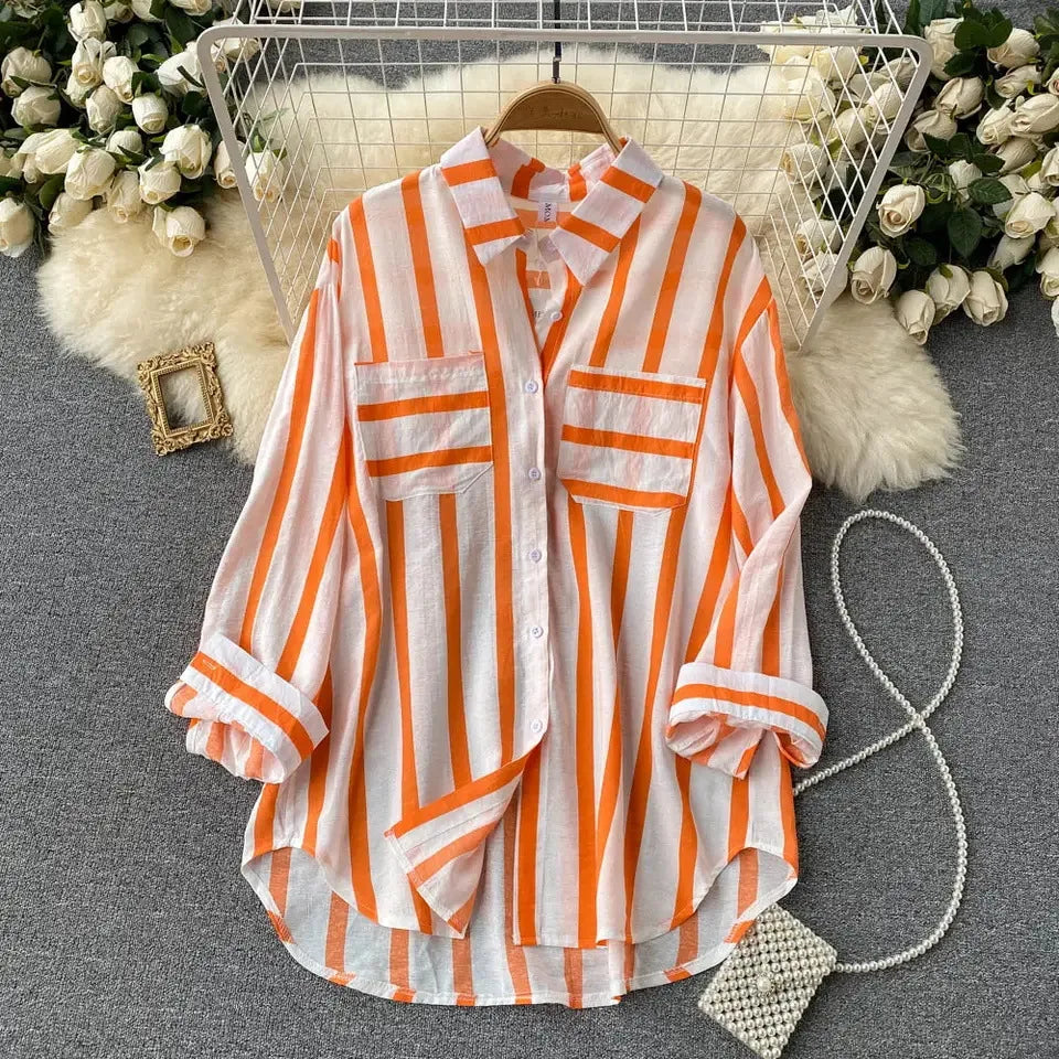 Fashion Woman Blouse 2023 Medium Length Vertical Stripe Shirt Jacket for Women's Korean Casual Loose Fitting Elegant Top  Amaijoin