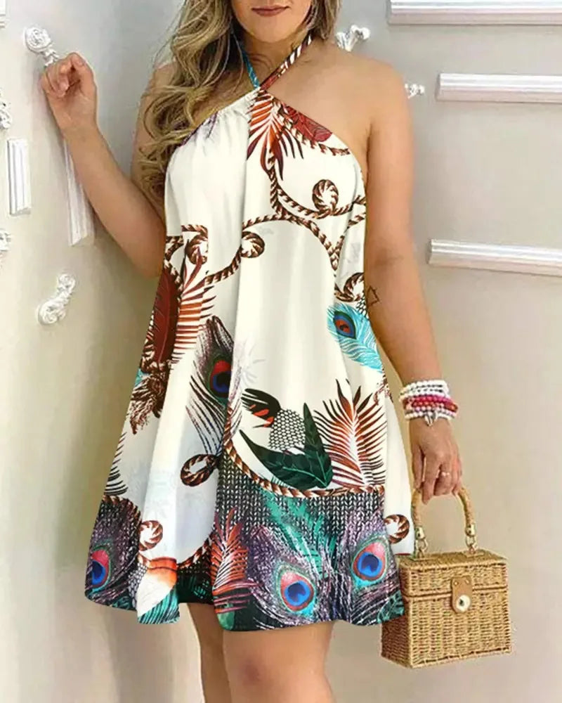 Tropical Print Halter Neck Dress, Vacation Style Backless Dress For Spring & Summer, Women's Clothing  Amaijoin