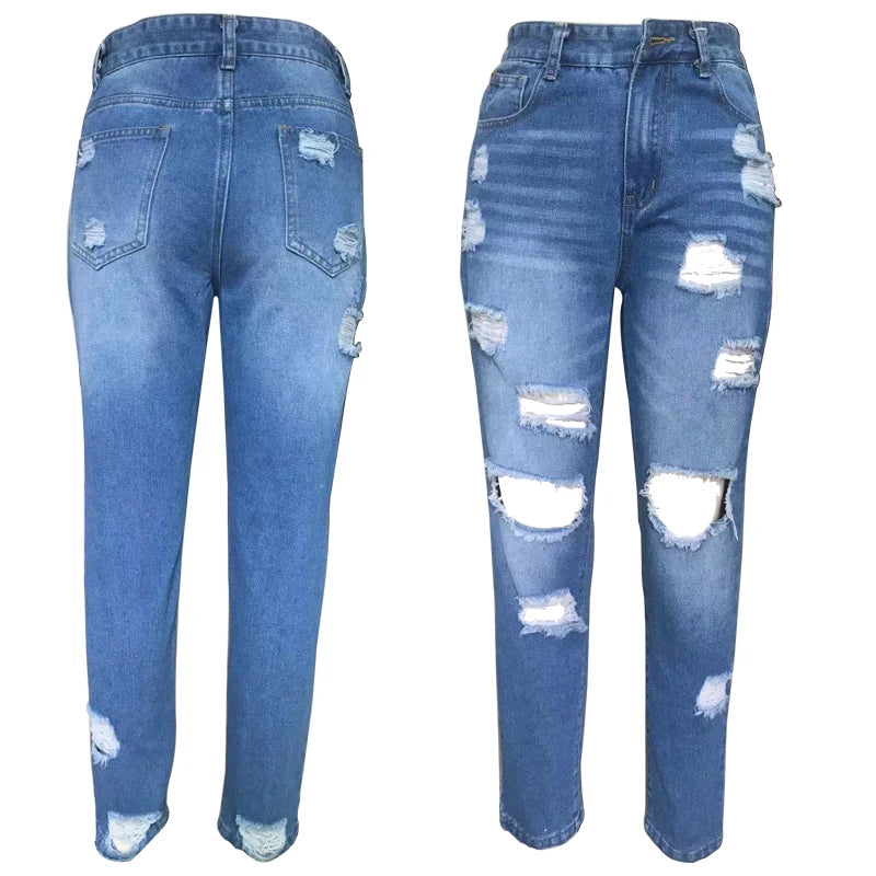 Women's Nine-point Ripped Jeans With Elastic Waist, Loose Mid-high Waist, Versatile Spring And Summer Thin Style  Amaijoin