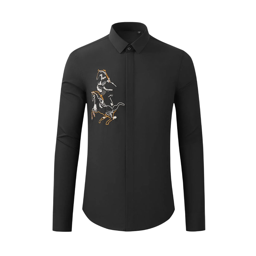 Luxury Horse Embroidered Shirt for Men Long Sleeved Slim Fit Casual Shirt High Quality Business Social Banquets Dress Shirts  Amaijoin