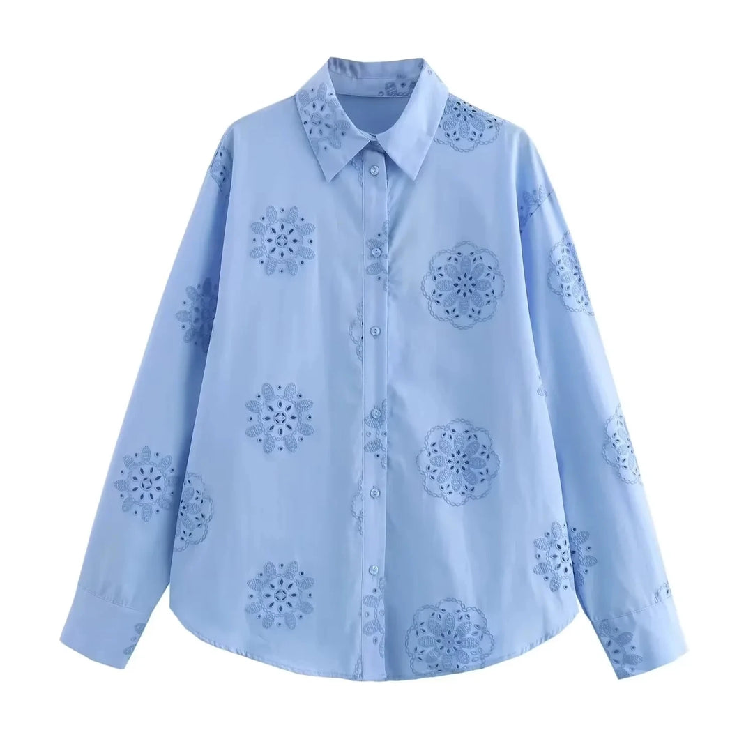 XNWMNZ 2024 Women Fashion Embroidered Poplin Shirt Retro Lapel Long Sleeve Front Button Versatile Female Chic Blouse  Amaijoin